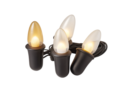 Four warm glowing candle bulbs with black cord in ivory and bronze, isolated on a transparent background - Powered by Adobe