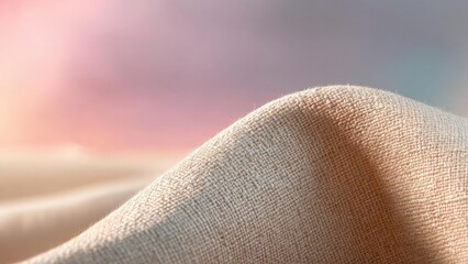 Fototapeta premium Close-up of beige linen fabric draped in soft light, with a pastel pink sunset in the background. Concept Beige Linen Texture, Draped Fabric Close-Up, Soft Lighting, Pastel Sunset Background