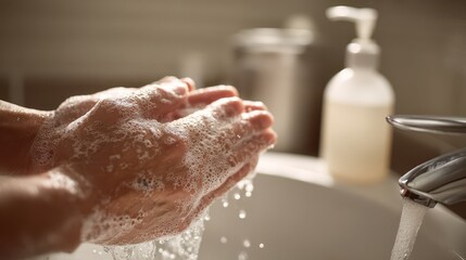 Fototapeta premium Closeup of hands washing with soap under warm water at a sink