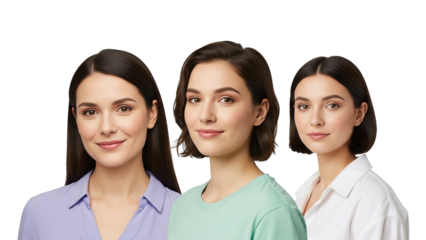 Three women with different hairstyles and colored shirts isolated on white transparent png background download