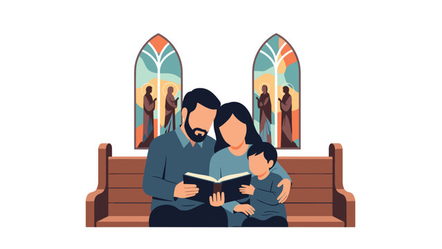 Family of three, mother, father, and young child, sitting on a church pew and reading a book together, with stained glass windows in the background.