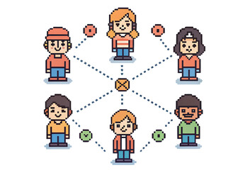 Pixel art network diagram with six characters connected by dotted lines, isolated on a transparent background