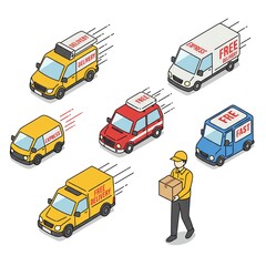 Delivery trucks and courier with fast shipping concept