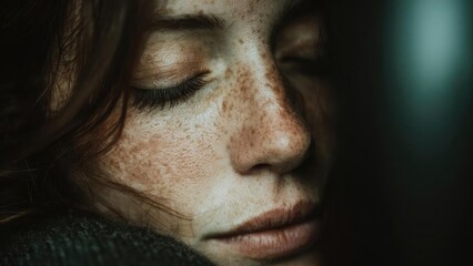 Fototapeta premium Close-up of a freckled woman's face with her eyes closed and soft, moody lighting. Concept Freckled portrait, Close-up beauty, Eyes closed mood, Soft moody lighting, Intimate beauty shot