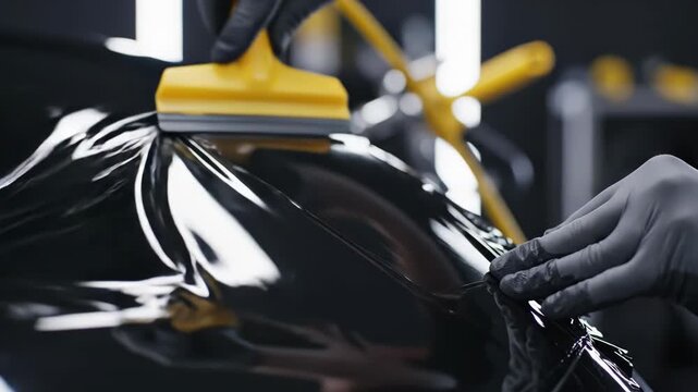 A person wearing black gloves uses a yellow squeegee to apply film to a black car surface in a workshop setting with tools