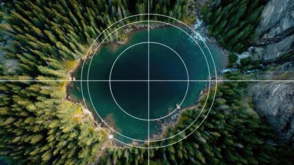 Aerial view of a circular lake surrounded by dense pine forest, with a white target crosshair overlay. Concept Aerial circular lake, Pine forest ring, Top-down landscape, White crosshair overlay