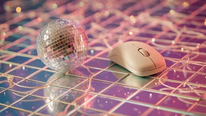 Disco ball beside a computer mouse on a reflective, iridescent tiled surface. Concept Disco ball still life, Computer mouse detail, Iridescent tile reflections, Reflective surface shot