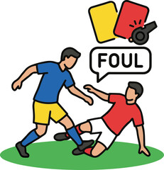 Soccer foul concept illustrating a player tripping an opponent during a match, featuring a "FOUL" speech bubble, yellow and red cards, and a whistle, vector illustration.
