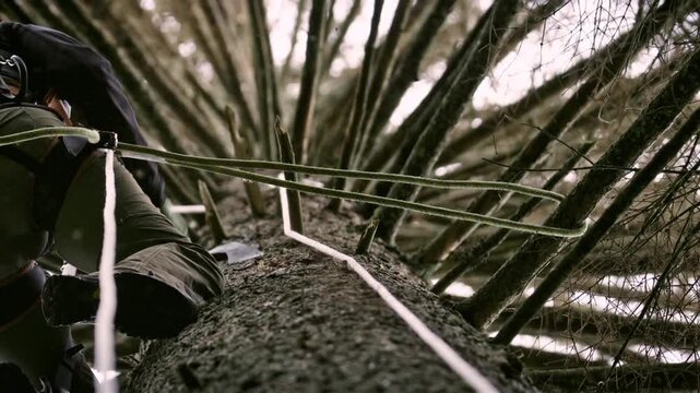 Climber uses tools to measure trees in Bavarian Forest National Park. The process shows a close look at techniques and tools while scaling trees in the forest.