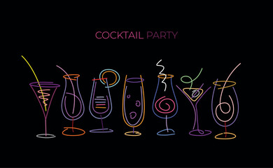 Cocktail Glasses Neon Line Art Design Elements