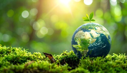 Earth globe with green sprout growing on mossy ground in forest.