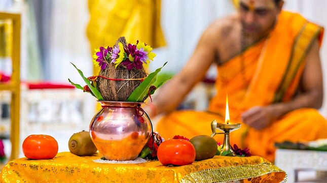 Hindu puja ceremony with kalash diya and sacred offerings
