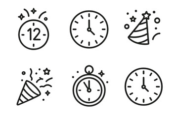New year's celebration icons: clocks and party hats in minimalist style