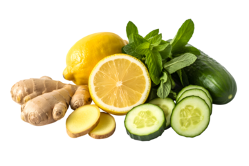 fresh ingredients for a healthy beverage: lemon, ginger, cucumber and mint . Isolated on transparent background, png
