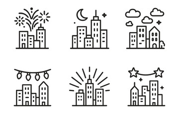 Black and white cityscape line art with fireworks and stars