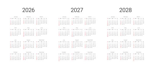 Vector illustration design template for USA, Canada. English 2026, 2027, 2028 calendar start from Sunday.