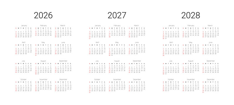 Vector illustration design template for USA, Canada. English 2026, 2027, 2028 calendar start from Sunday.