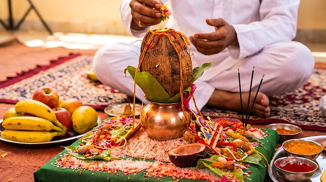 Hindu puja ritual with kalash and traditional offerings
