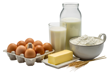 fresh dairy products and eggs arrangement . Isolated on transparent background, png