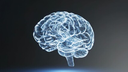 Futuristic digital animation of a glowing blue neural brain model with intricate connections and particles on a dark background, showcasing technology and science concepts in a dynamic rotating motion - Powered by Adobe
