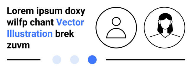 Two outlined user avatars, one male and one female, with placeholder text and navigation dots. Ideal for user interface, UX design, profile selection, navigation menu, modern web design