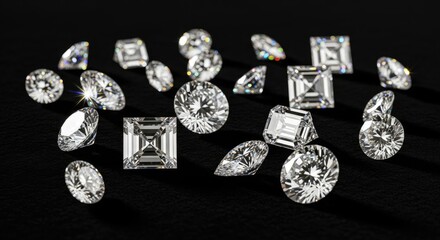 Sparkling assortment of brilliant cut and princess cut diamonds beautifully scattered on a dark luxurious background representing precious gemstones and high value jewelry