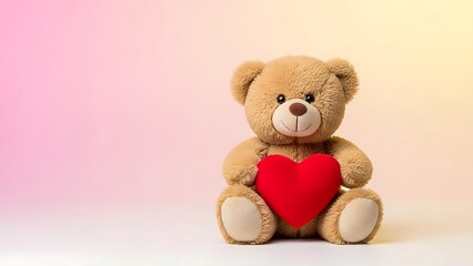 Cute Brown Teddy Bear Holding Red Heart on Light Pink Background