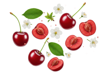 Bright red, ripe cherries, whole and halved with juicy flesh, green leaves, and white blossoms dynamically floating in mid-air with juice splashes against a transparent background, concept for