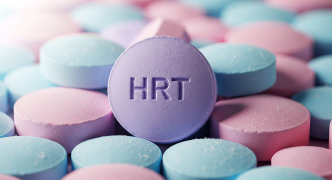 Pile of pastel pink and blue medical pills with HRT text, Transgender Hormone Replacement Therapy and healthcare concept macro
