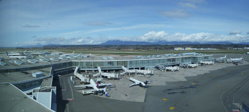 AERIAL: Large white Delta and Air Canada airplanes getting ready for boarding.