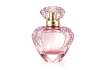 Elegant pink perfume bottle on transparent background for beauty ads.