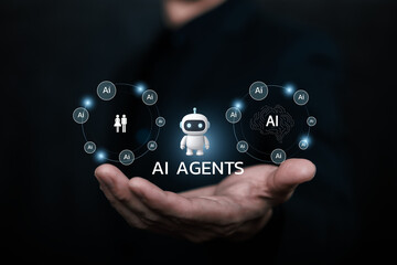 AI agents concept with humanoid robot and artificial intelligence network icons floating above human hand, representing automation, machine intelligence, digital assistants and future technology solut