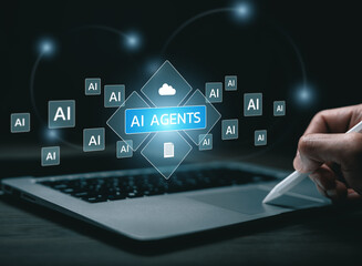 AI agents and automation concept with digital interface above laptop, showing artificial intelligence nodes, cloud computing and data workflow, representing smart systems, enterprise automation and mo