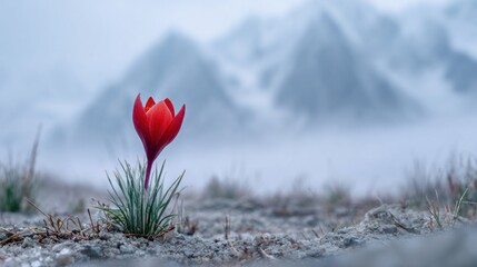 Red flower stands proud against hazy mountain backdrop