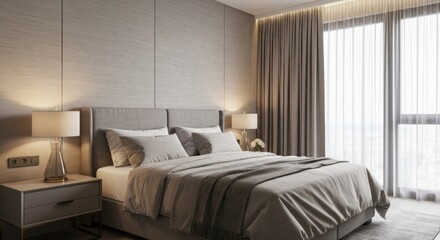 Fototapeta premium A modern, neutral-toned bedroom with a large bed, lamps, and a window with sheer curtains