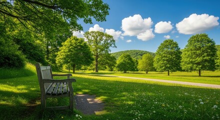 Wooden park bench invites relaxation amidst lush green trees and a sun-drenched meadow