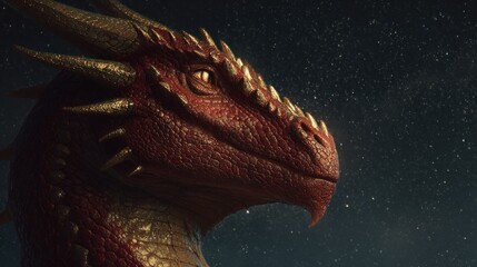A close-up of a red dragon's head, gazing towards the night sky with twinkling stars