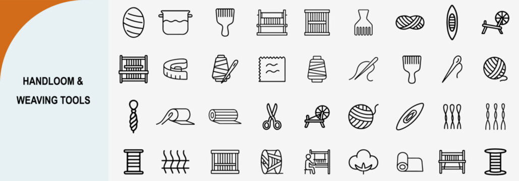 handloom and weaving tools outline icons, traditional textile craft vector