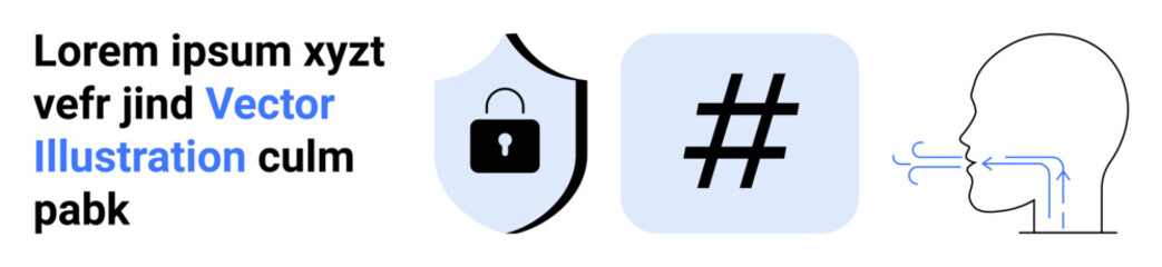 Fototapeta premium Lock on shield, metadata tag, profile with airflow lines. Ideal for cybersecurity, programming, voice tech, encryption, identity safety, AI simple landing page