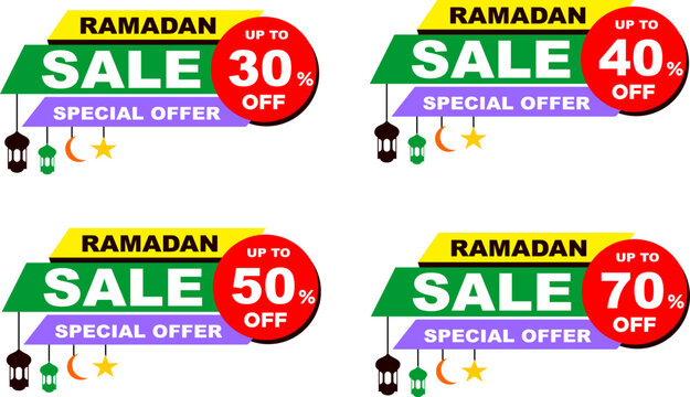 Ramadan Sale Promotional Banners 30% to 70% OFF Discount Tiers with Lanterns and Crescent Moon for Retail and E commerce Marketing