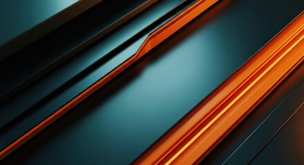 Fototapeta premium Abstract metallic design with diagonal lines of glossy black and orange, reflecting light