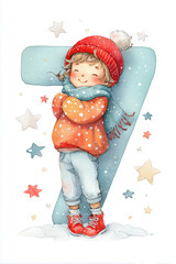 Smiling child in winter clothes leaning on number seven with snow and stars in cozy birthday illustration