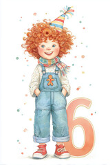 Smiling red-haired child in overalls with party hat standing next to number six in cheerful birthday illustration
