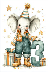 Cute baby elephant in birthday clothes with party hat standing next to number three and gift boxes in festive illustration