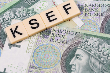 Blocks with the abbreviation KSEF, standing for National E-invoice System, are placed against a background of loosely spread Polish 100 PLN banknotes. The photo was taken under artificial lighting.
