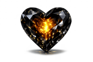 Heart-shaped black crystal with a transparent background, golden core.