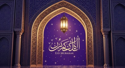 An ornate arched doorway frame with a lantern, calligraphy, and starry night background