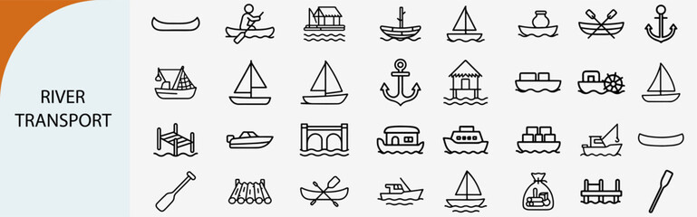 river transport and water navigation icons, traditional boat vector set © rayzign
