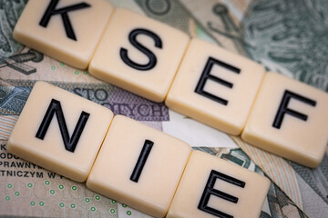 Blocks with the abbreviation KSEF NO, standing for negatives about National E-invoice System, are placed against a background of loosely spread Polish 100 PLN banknotes. 