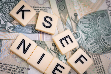 Blocks with the abbreviation KSEF NO, standing for negatives about National E-invoice System, are placed against a background of loosely spread Polish 100 PLN banknotes. 